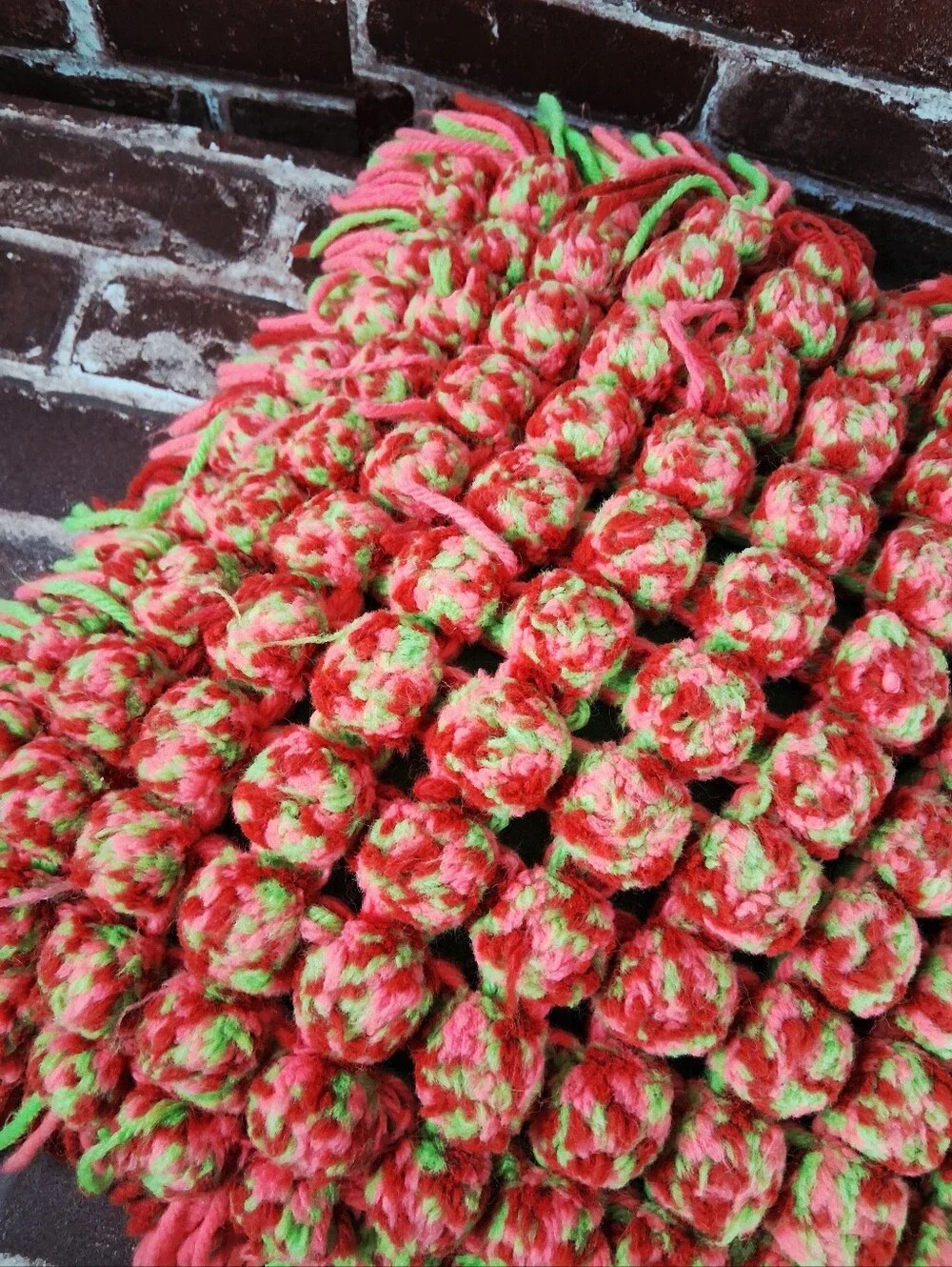 Crochet Pom Pom Pillow Vintage 70s Yarn Handmade Hippie Accent Dopamine Sofa